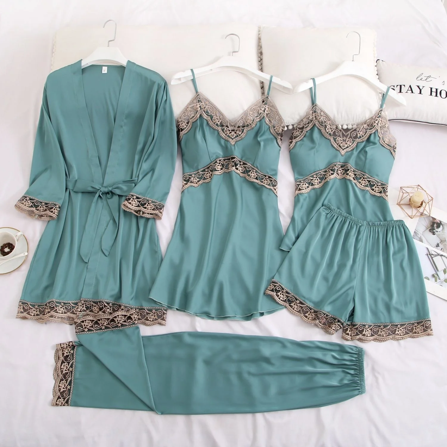 5PC Satin Lace Pajamas Set Silky Sexy Womens Sleepwear Sleep Suit Spring With Chest Pads Pijamas Home Wear Intimate Lingerie
5PC Satin Lace Pajamas Set Silky Sexy Womens Sleepwear Sleep Suit Spring With Chest Pads Pijamas Home Wear Intimate Lingerie