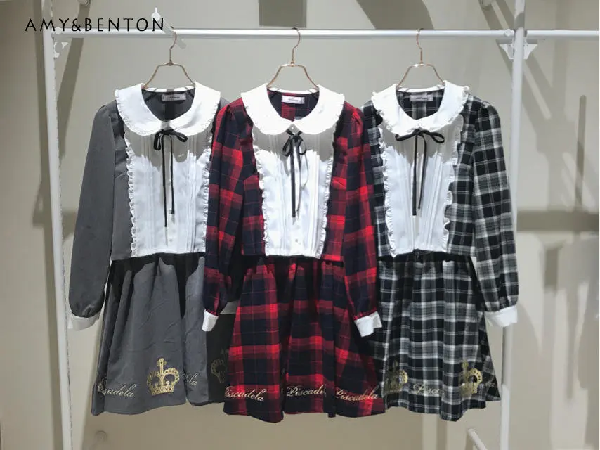 Japanese Style Cute Outfits Women's Letters Embroidered Plaid Top and Skirt Suit Female Two Pieces Lolita Skirt Set 
Japanese Style Cute Outfits Women's Letters Embroidered Plaid Top and Skirt Suit Female Two Pieces Lolita Skirt Set
