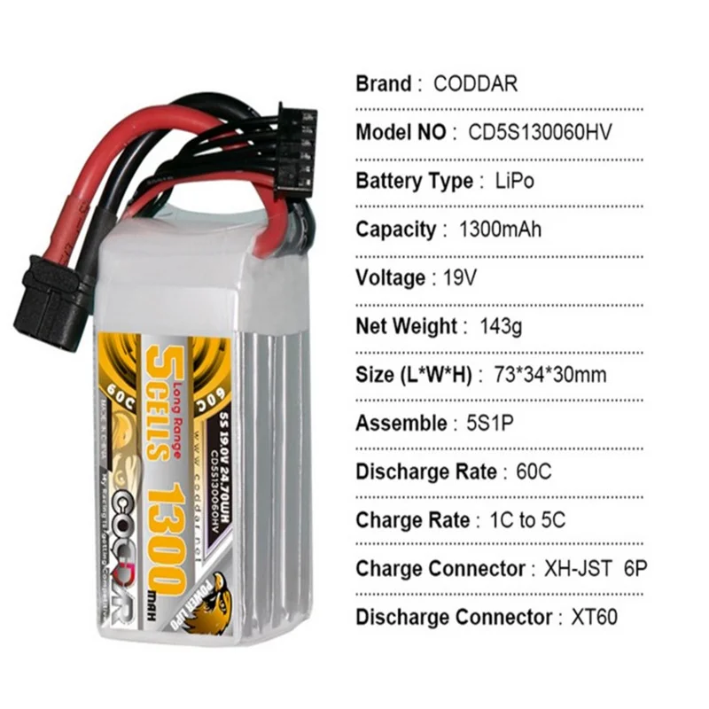 CODDAR 1300MAH 5S 19V HV 60C легкий и долгий срок службы батареи FPV Cinewhoop LIHV battery XT60 plug
CODDAR 1300MAH 5S 19V HV 60C легкий и долгий срок службы батареи FPV Cinewhoop LIHV battery XT60 plug