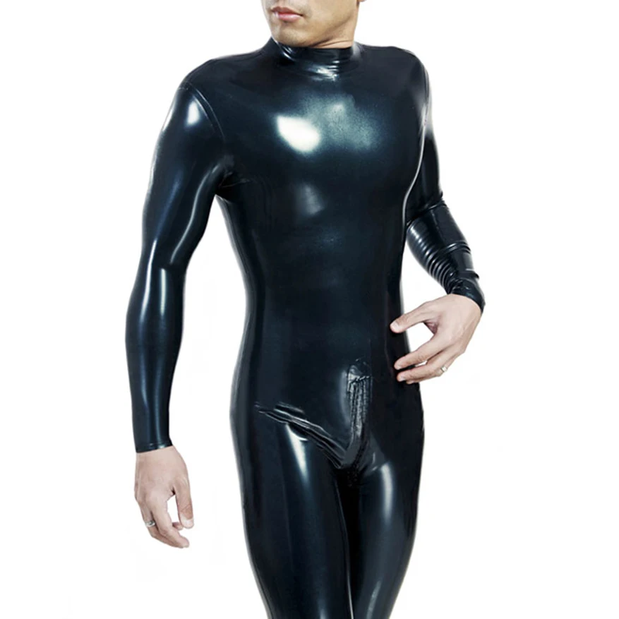 

Sexy Mens Metallic Black Catsuit Latex Gummi Rubber Fetish Bodysuit with Back Zip Jumpsuit Handmade Costumes RLCM024