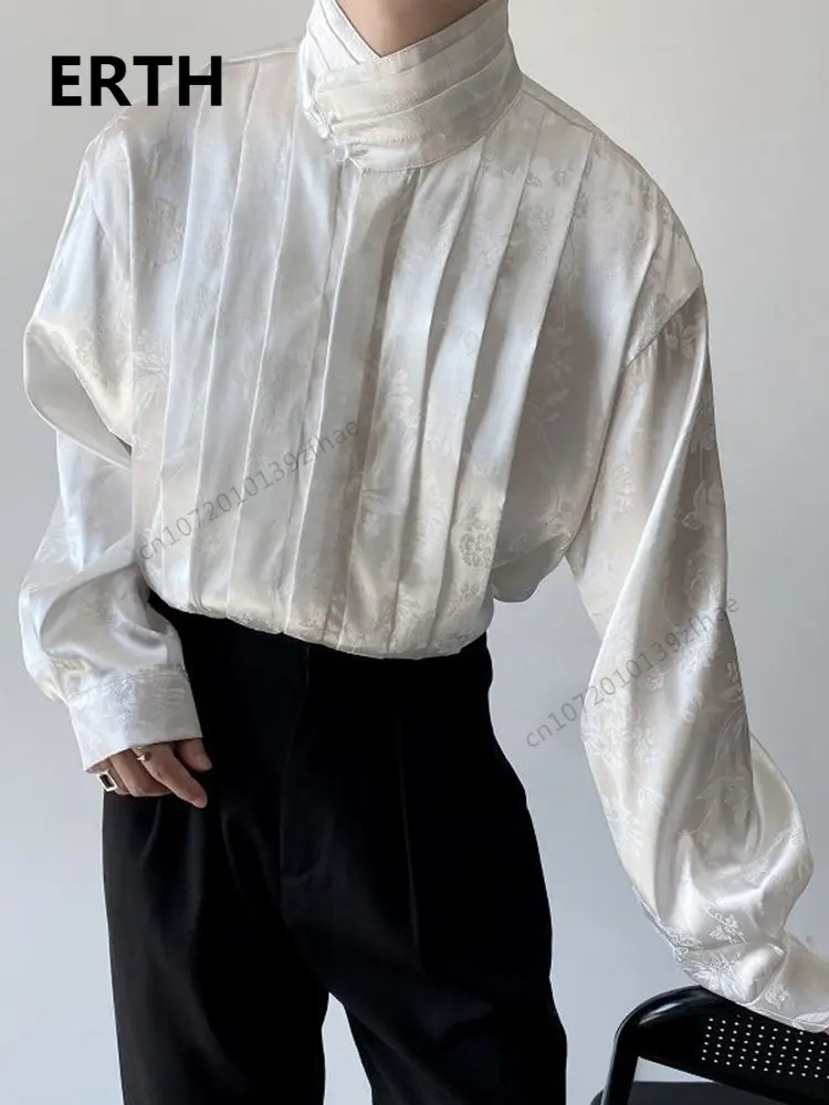 

Рубашка ERTH Мужская плиссированная с воротником-стойкой, жаккардовая атласная Блуза с длинными рукавами, модная однотонная кофта, осень 2023