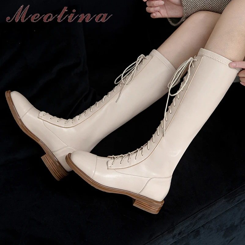 Meotina Women Genuine Leather Knee High Stretch Boots Square Toe Flat Lace-up Ladies Fashion Long Boot Autumn Winter Shoes Beige
Meotina Women Genuine Leather Knee High Stretch Boots Square Toe Flat Lace-up Ladies Fashion Long Boot Autumn Winter Shoes Beige