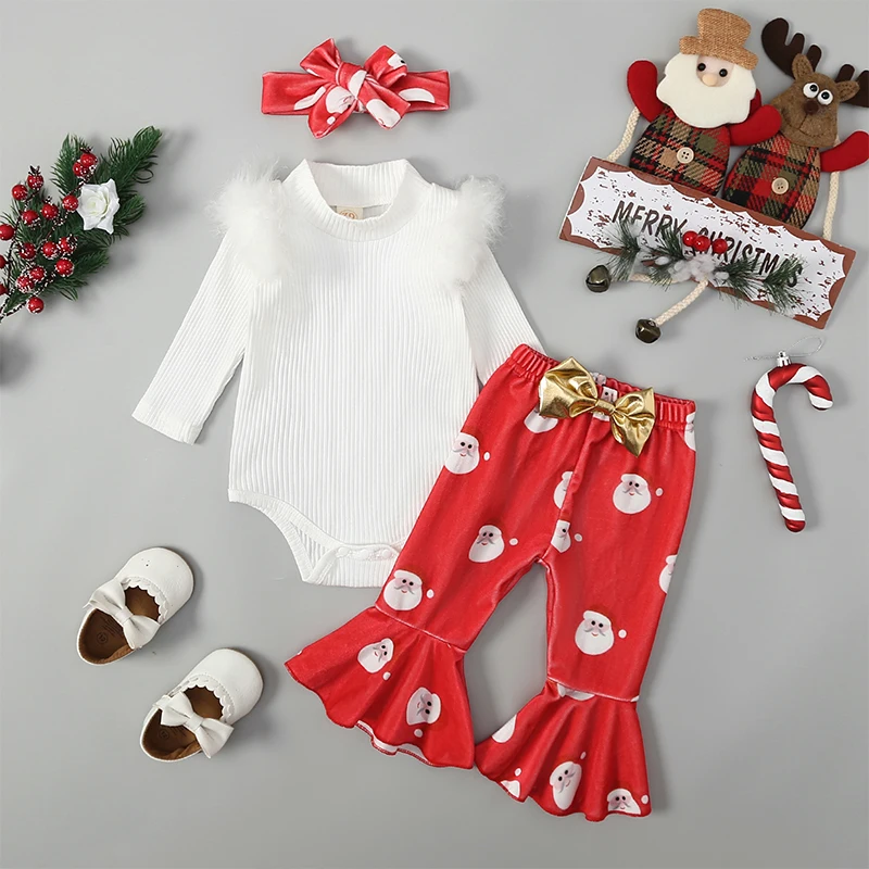 

Christmas 0-2Y Baby Girls Outfits Newborn Ribbed Long Sleeve High Neck Romper and Santa Claus Print Flared Pants Headband