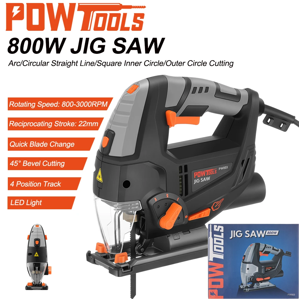 POWTOOLS 800W Laser Jig Saw 3000rpm Variable Speed Jigsaw Electric Saw 6 Blade Woodworking Multifunctional Tools LED Power Tool
POWTOOLS 800W Laser Jig Saw 3000rpm Variable Speed Jigsaw Electric Saw 6 Blade Woodworking Multifunctional Tools LED Power Tool