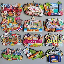 Wooden Refrigerator Magnet Travel Souvenir United States Barcelona Russia Canada Thailand Denmark Magnetic Fridge Sticker