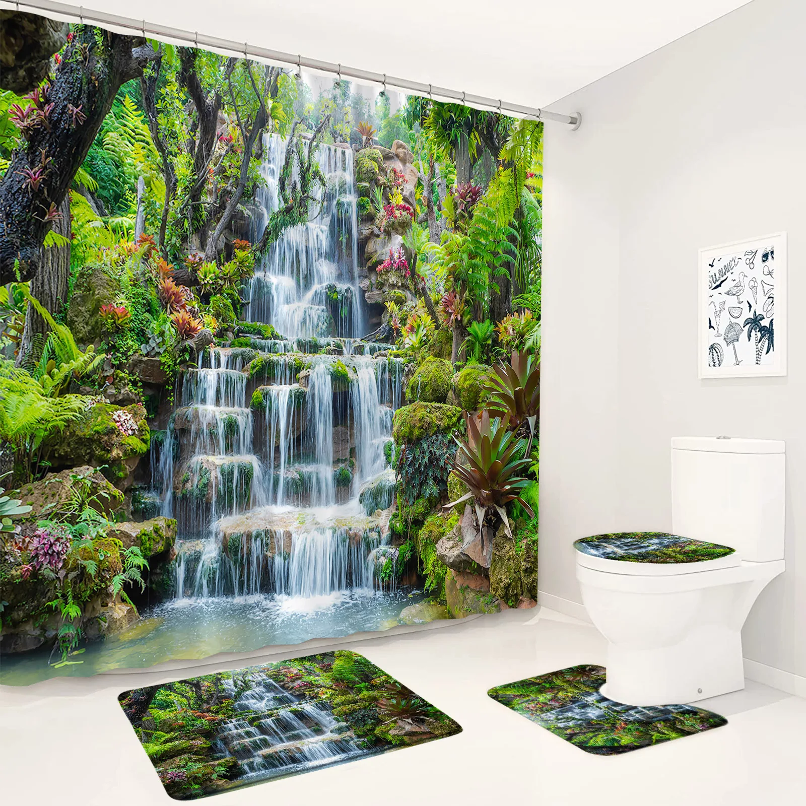 

Весенняя занавеска для душа с изображением водопада, пейзаж тропических джунглей, растений, Декор для дома, ванной комнаты, нескользящий коврик, коврик для ванной, крышка для туалета