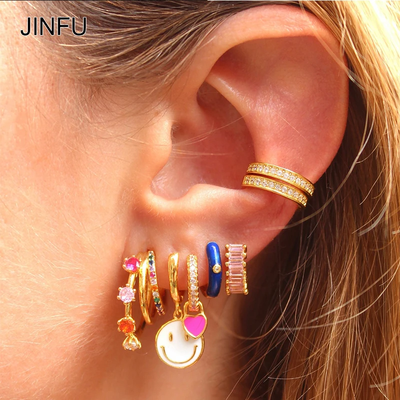 

JINFU Gold Plated Drop Hoop Earrings For Women Color Dripping Oil Heart Smile Dangle Earrings 2022 Women Jewelry Wholesale