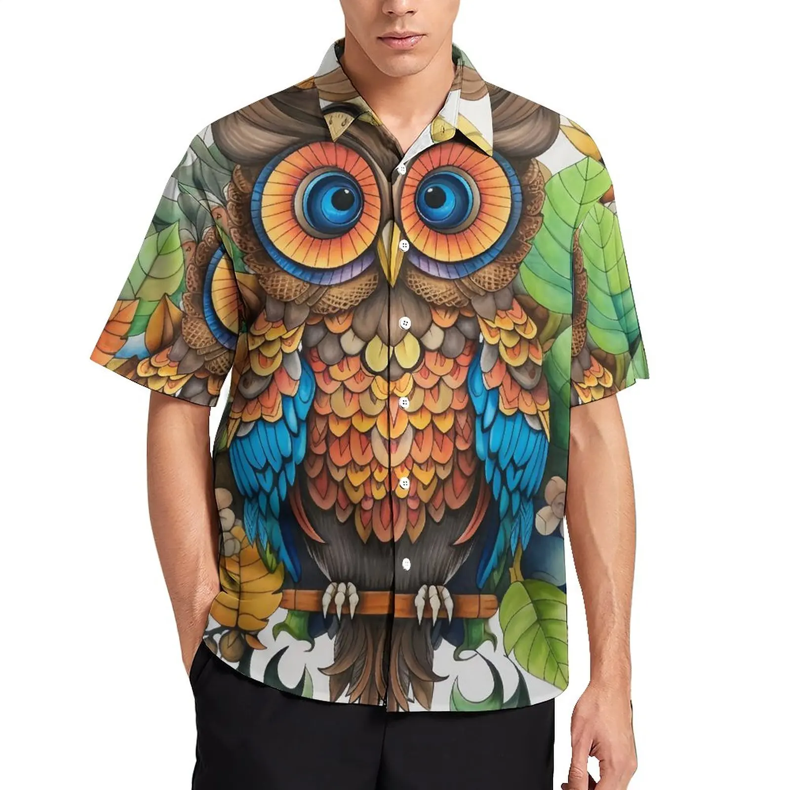 

Owl Vacation Shirt Colored Cartoon Pencil Art Hawaii Casual Shirts Mens Vintage Blouses Short Sleeve Design Clothes Big Size