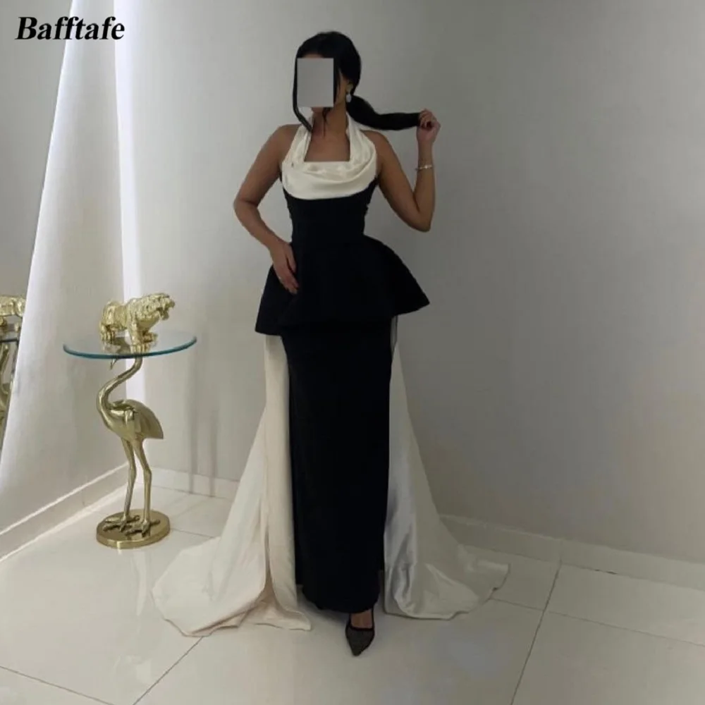 

Bafftafe Halter Black Ivory Satin Formal Evening Dresses Arabic Sheath Ankle Length Prom Gowns Women Outfits Wear with Train