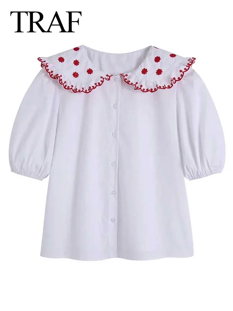 TRAF Cute Women's Single Breasted Doll Collar Short Puff Sleeve Shirt Top Print Loose Casual Fashion Country Sweet Girly Style 
TRAF Cute Women's Single Breasted Doll Collar Short Puff Sleeve Shirt Top Print Loose Casual Fashion Country Sweet Girly Style