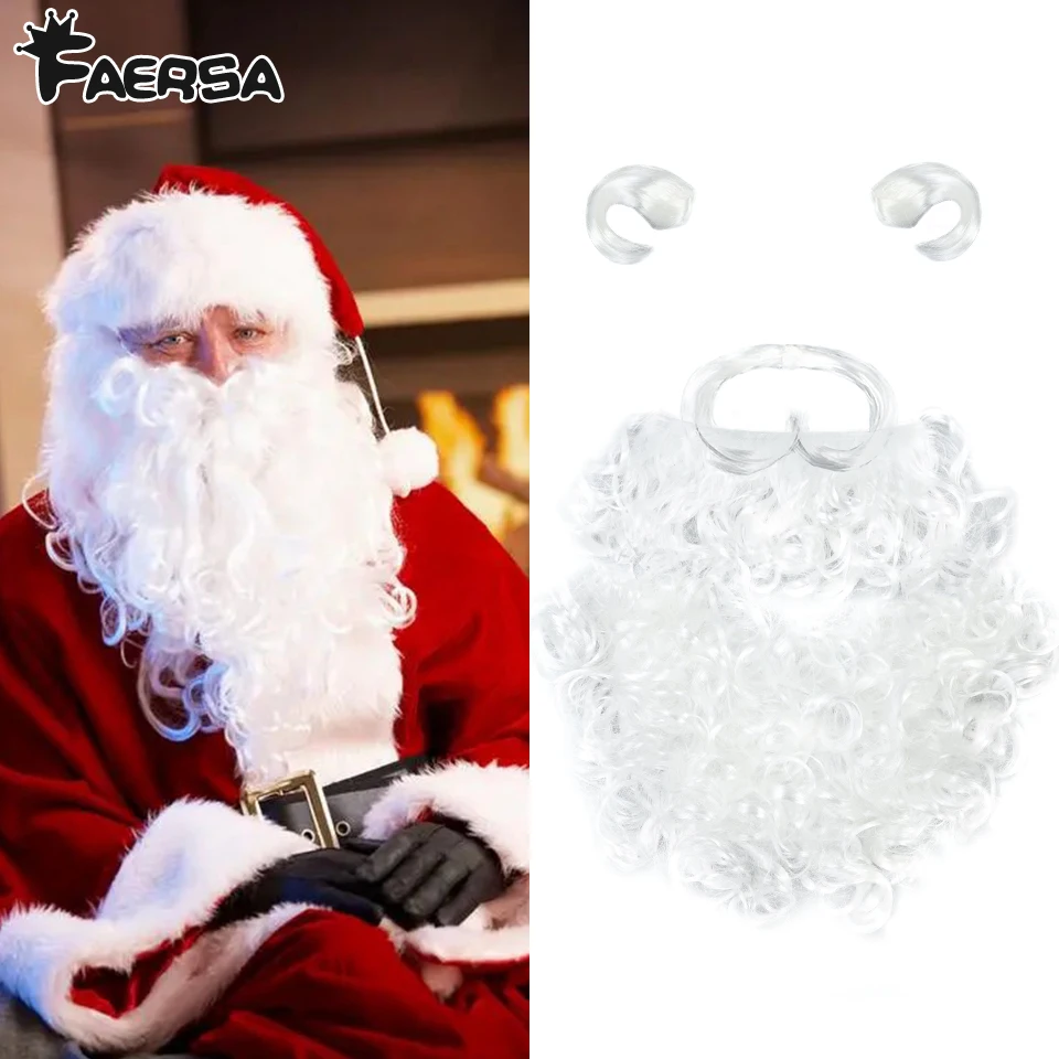 

Santa Claus Christmas Cosplay Fake Beard False Mustache with EyeBrow White Curly Synthetic Hair Holiday Gift Role Play Faersa