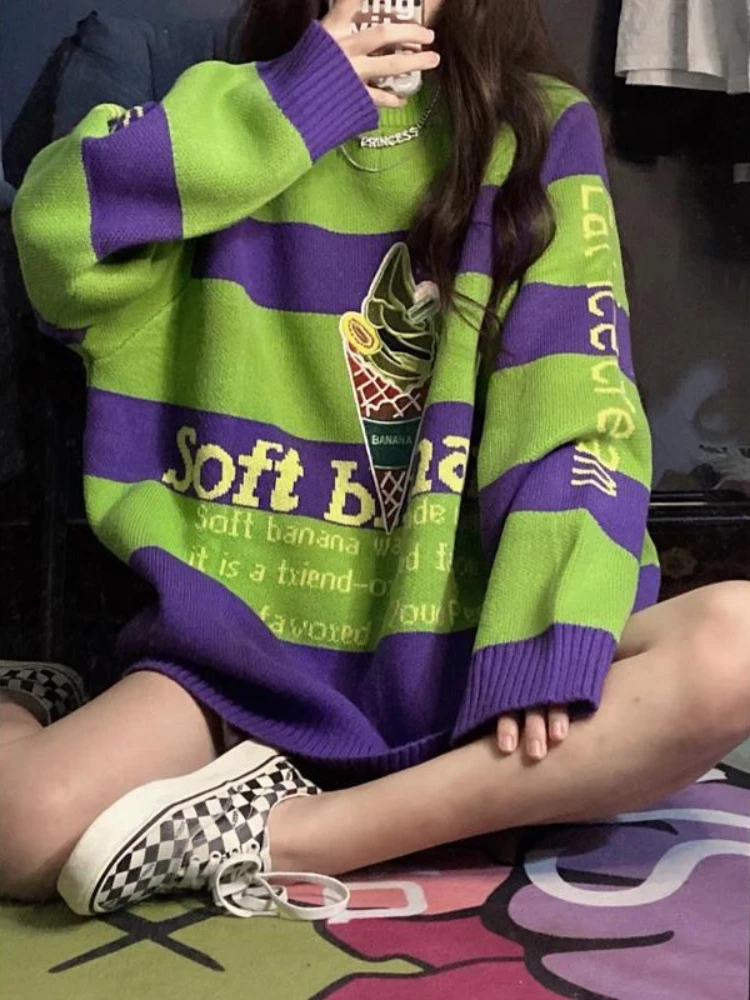 Deeptown Vintage Green Striped Oversized Sweater Women Harajuku Retro Knitted Jumper Loose Casual All-match Top Y2K Clothes Goth
Deeptown Vintage Green Striped Oversized Sweater Women Harajuku Retro Knitted Jumper Loose Casual All-match Top Y2K Clothes Goth