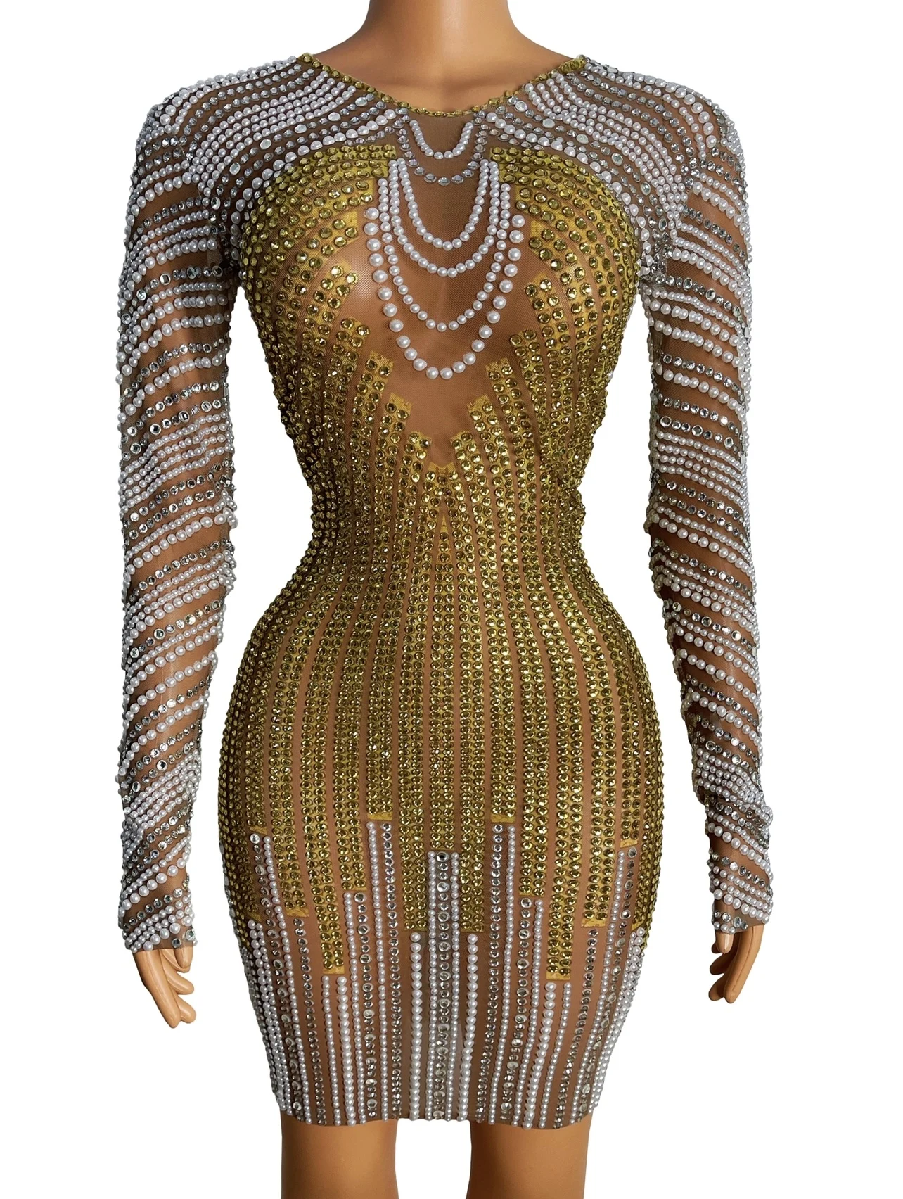 Gold Rhinestone Pearls Transparent Dress Dance Performance Costume Collection Evening Birthday Celebrate Stretch Short Dress
Gold Rhinestone Pearls Transparent Dress Dance Performance Costume Collection Evening Birthday Celebrate Stretch Short Dress
