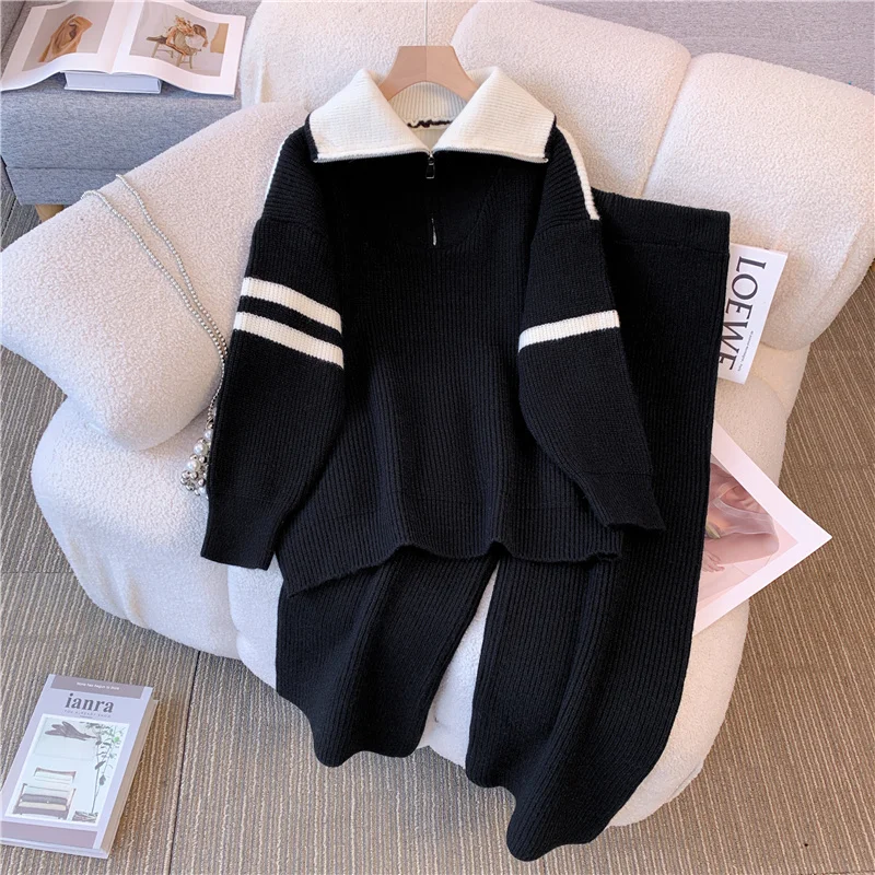 

Oversized Sweater Set Women Tracksuit Spring Autumn Knitted Suits 2 Piece Set Warm Turtleneck Sweater Pullovers Wide Legs Pants
