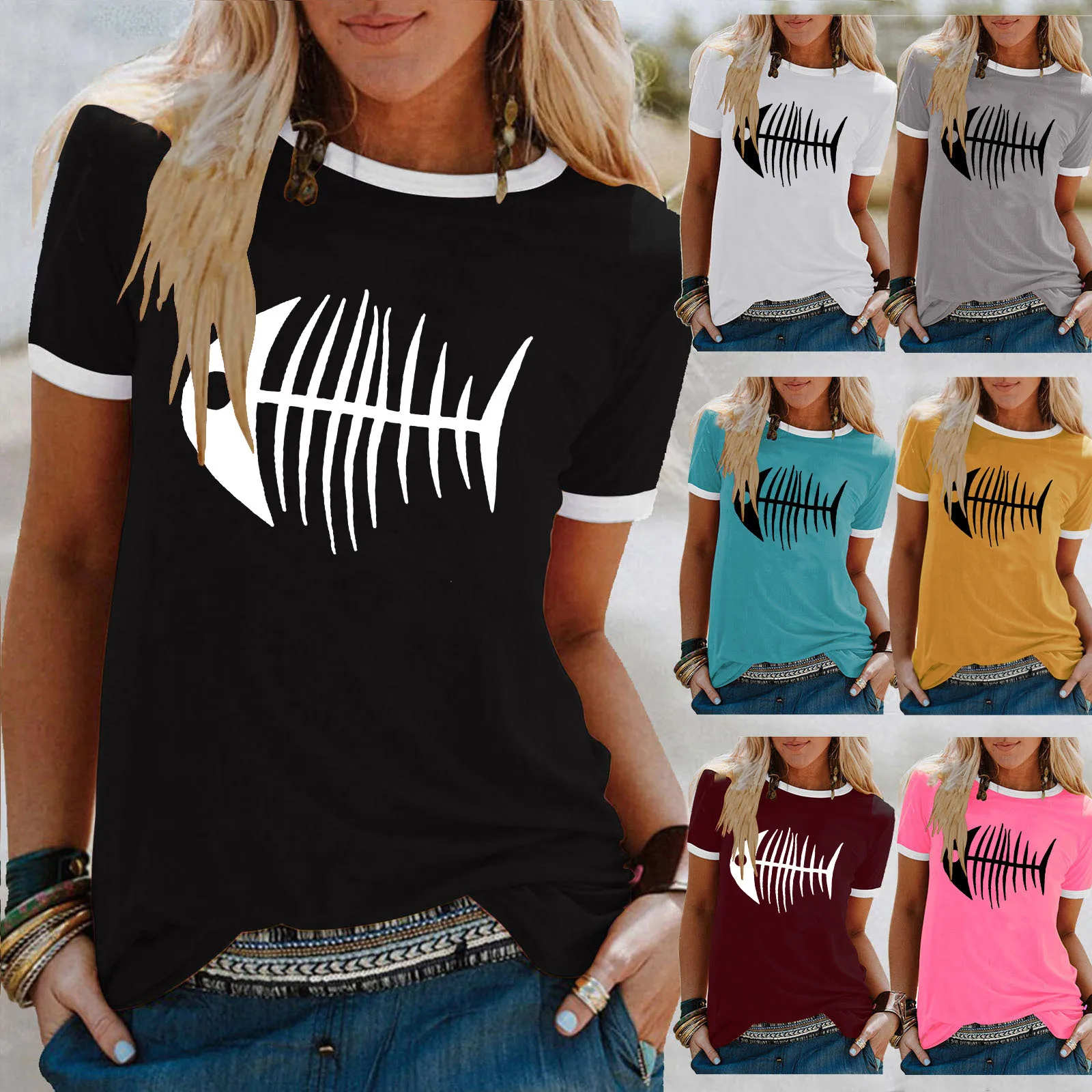 Женские Модные топы Camisetas, блузки с принтом рыбы, свободная футболка с круглым вырезом и коротким рукавом, уличная одежда, женская одежда
Женские Модные топы Camisetas, блузки с принтом рыбы, свободная футболка с круглым вырезом и коротким рукавом, уличная одежда, женская одежда