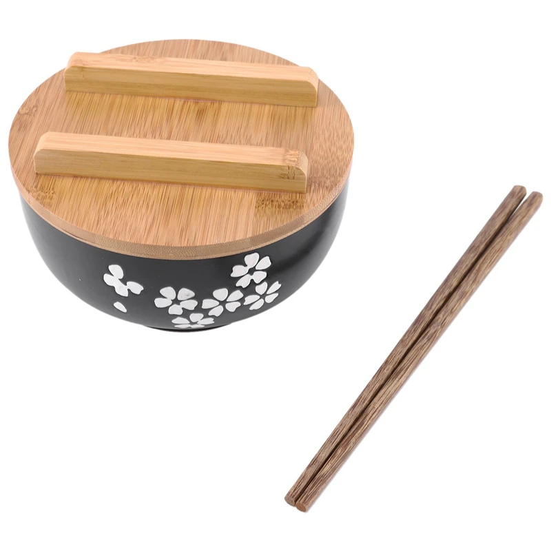 

4X Japanese Bowl Instant Noodles Tableware Dining Room Tableware Salad Ceramic Bowl Bring Wooden Spoon Wooden Chopstick