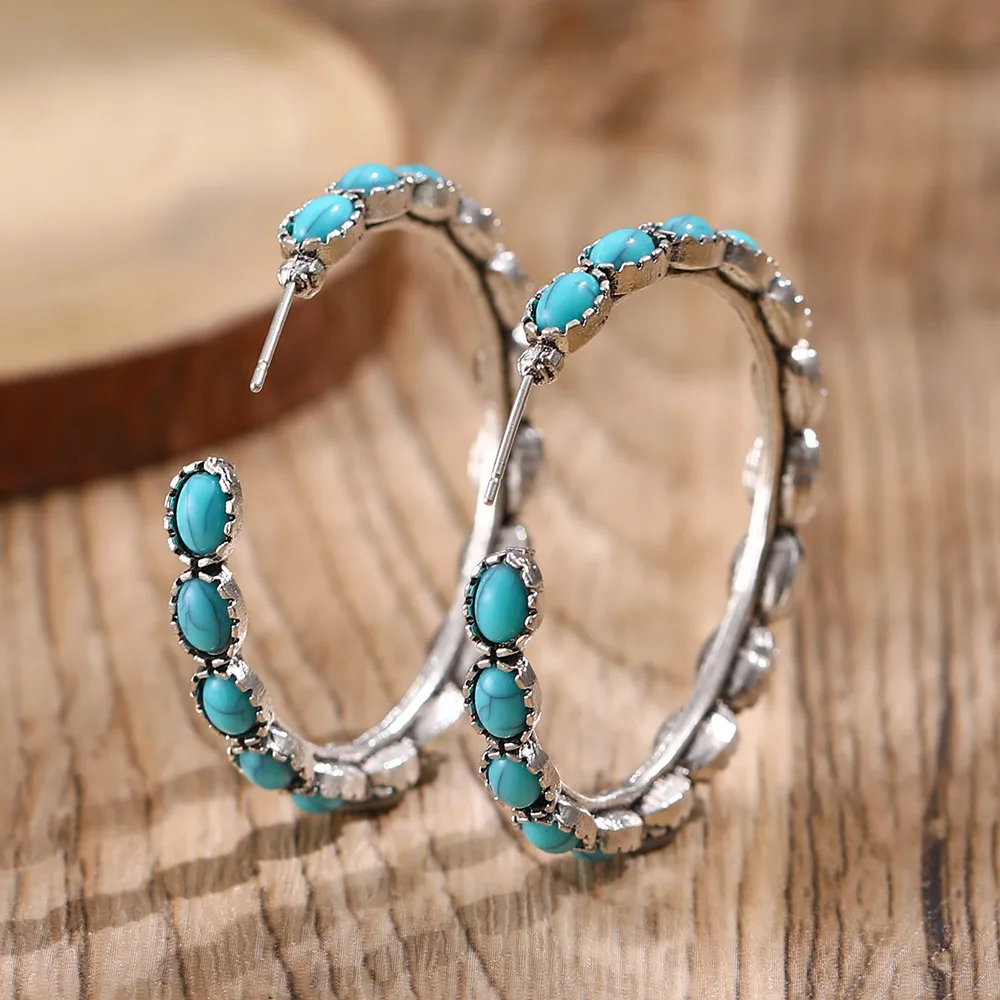 

National Style Retro Earrings Personality Exaggerated Big Circle Geometry Inlaid Turquoise Alloy Earrings Earrings