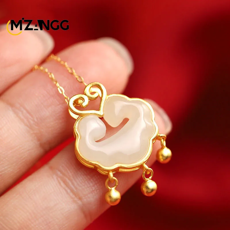 

Natural S925 Silver Inlaid with Hetian Jade Ruyi Lock Pendant Auspicious Peace Women Children's White Jade Necklace Jewelry