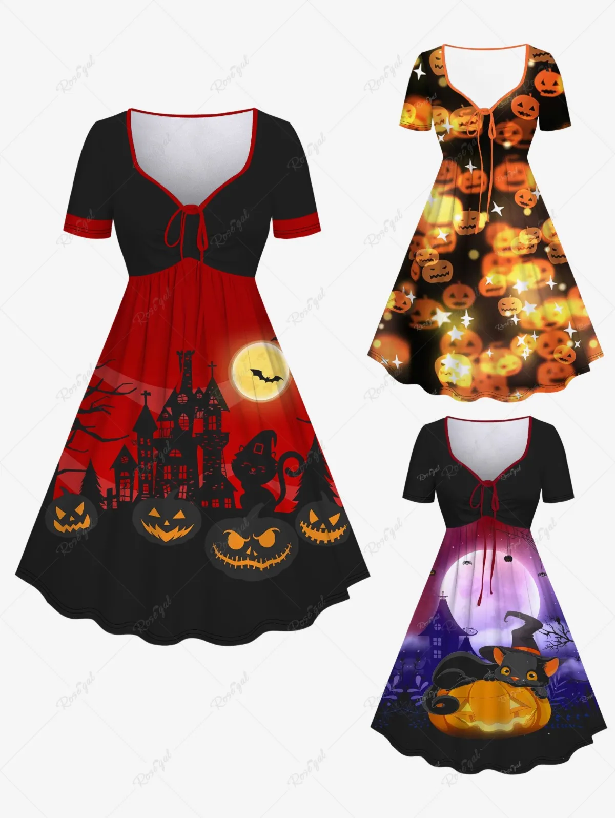 

Plus Size Halloween Printed Cinched Dress Pumpkin Bat Moon Tree Cat Star Sparkling Casual Daily Or Party Outfit For Women