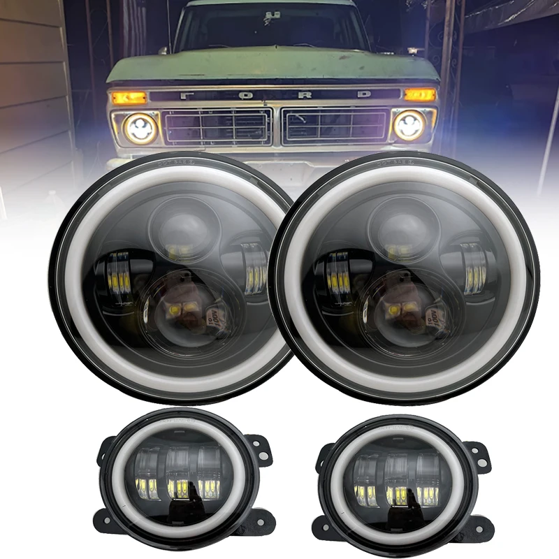 

7" inch Round LED Headlights with White DRL Halo Ring Amber Turn Signal Light & 4" Fog Light Sets For Jeep Wrangler JK 1997-2017