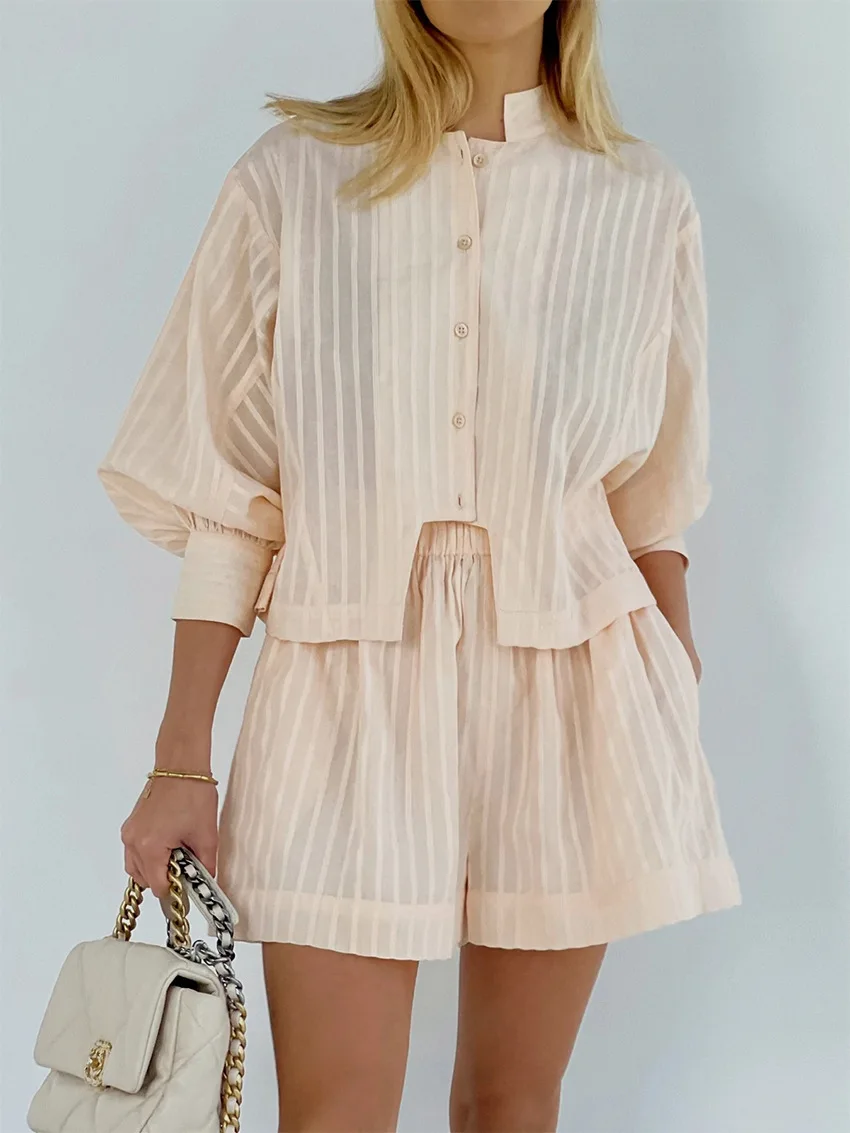 Za Casual Pure Cotton 2 Pieces Shorts Sets Striped Jacquard Thin Stand Collar Lantern Sleeve Outfits Women Suit Loose Shorts New
Za Casual Pure Cotton 2 Pieces Shorts Sets Striped Jacquard Thin Stand Collar Lantern Sleeve Outfits Women Suit Loose Shorts New