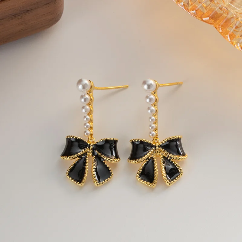 

Minar Korean Style Black Color Enamel Bowknot Dangle Earrings for Women 18K Real Gold Plated Brass Simulated Pearl Long Earring