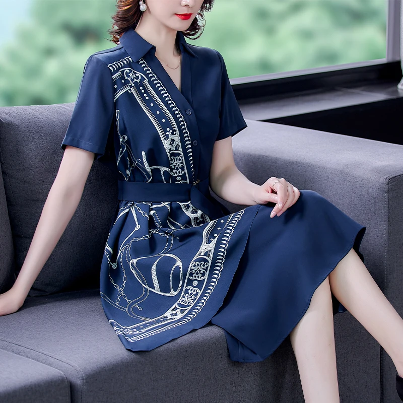

Женское атласное платье-миди с принтом, повседневное элегантное облегающее платье из натурального шелка в корейском винтажном стиле, офисное платье синего цвета, лето 2023