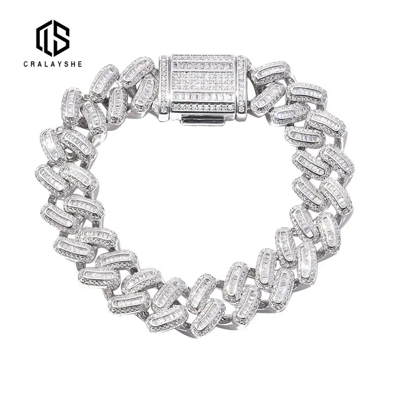 

New Arrived 15mm Width Hip Hop Full Iced Out Baguette Cubic Zircon Bling CZ Miami Cuban Link Chain Bracelets Jewelry For Men