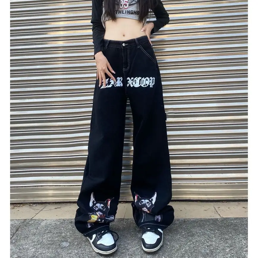 High street tide overalls American restoring ancient ways doggie printing straight canister fall water wash style jeans woman
High street tide overalls American restoring ancient ways doggie printing straight canister fall water wash style jeans woman