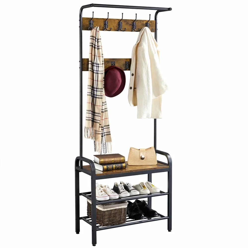 

72" Industrial Entryway Hall Tree with Bench and Storage, Rustic Brown,28.00 X 13.50 X 72.00 Inches