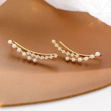 925 Sterling Silver Zircon Pearl Curved Stud Earrings For Women Sparkling Star Jewelry Accessories S-E1847