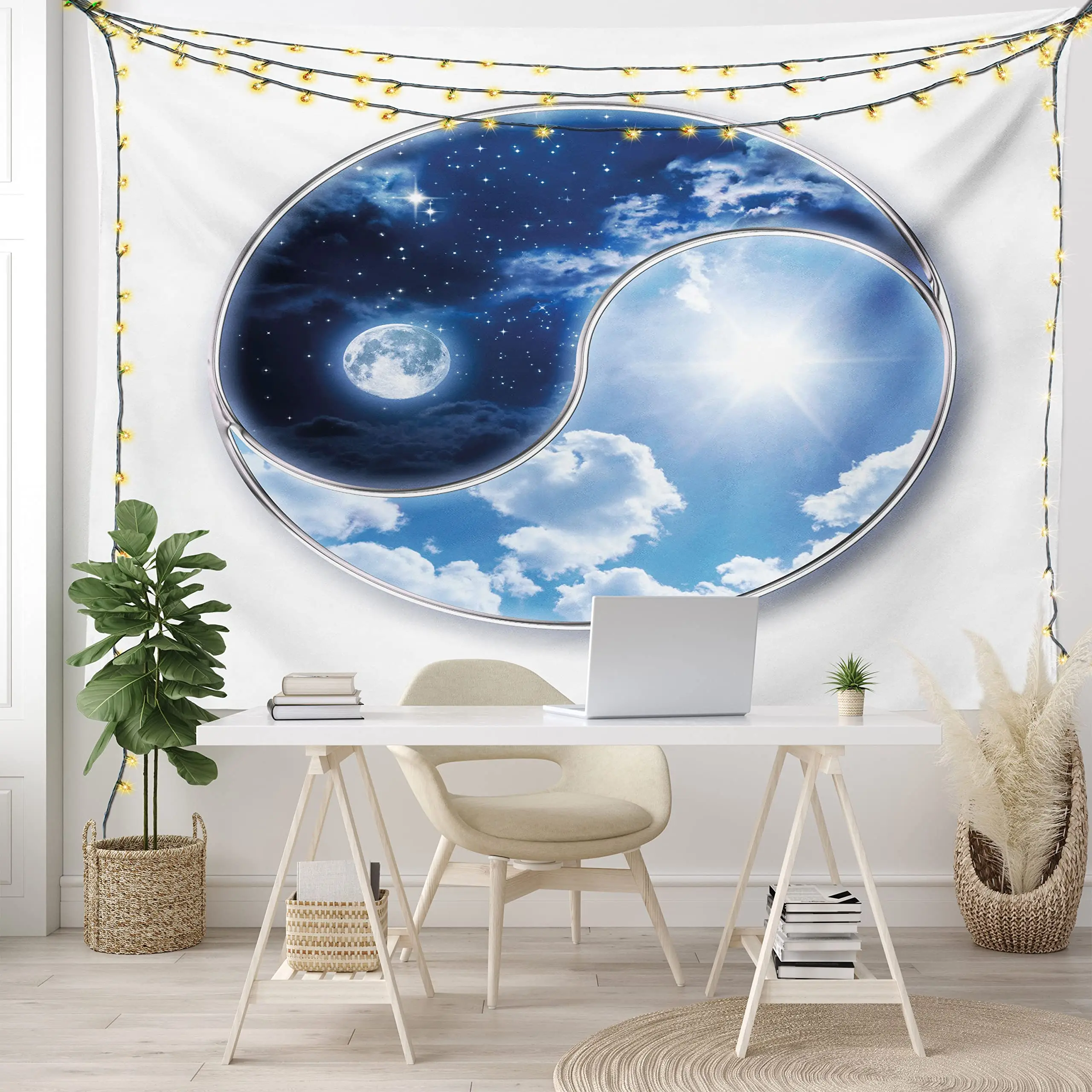 

Tai Chi Yin Yang Moon and Sun Tapestry Chinese Style Art Printing Tapestries Wall Hanging Decor for Bedroom Living Room Dorm