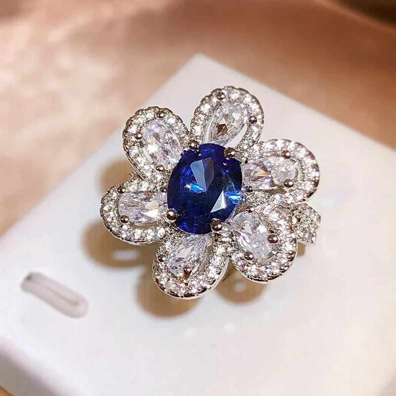 

NEW Exaggerated Super Flash Flower Oval Sapphire Full Diamond Opening Adjustable Couple Ring For Women Wedding Gift Jewelry