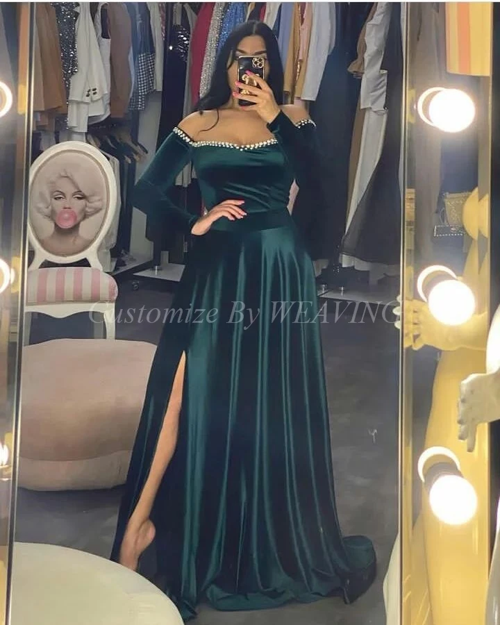 Dark Green Velvet Long Sleeves Prom Dresses Off The Shoulder Beadings Side Split Saudi Arabic Women Eveing Gowns Formal Party
Dark Green Velvet Long Sleeves Prom Dresses Off The Shoulder Beadings Side Split Saudi Arabic Women Eveing Gowns Formal Party