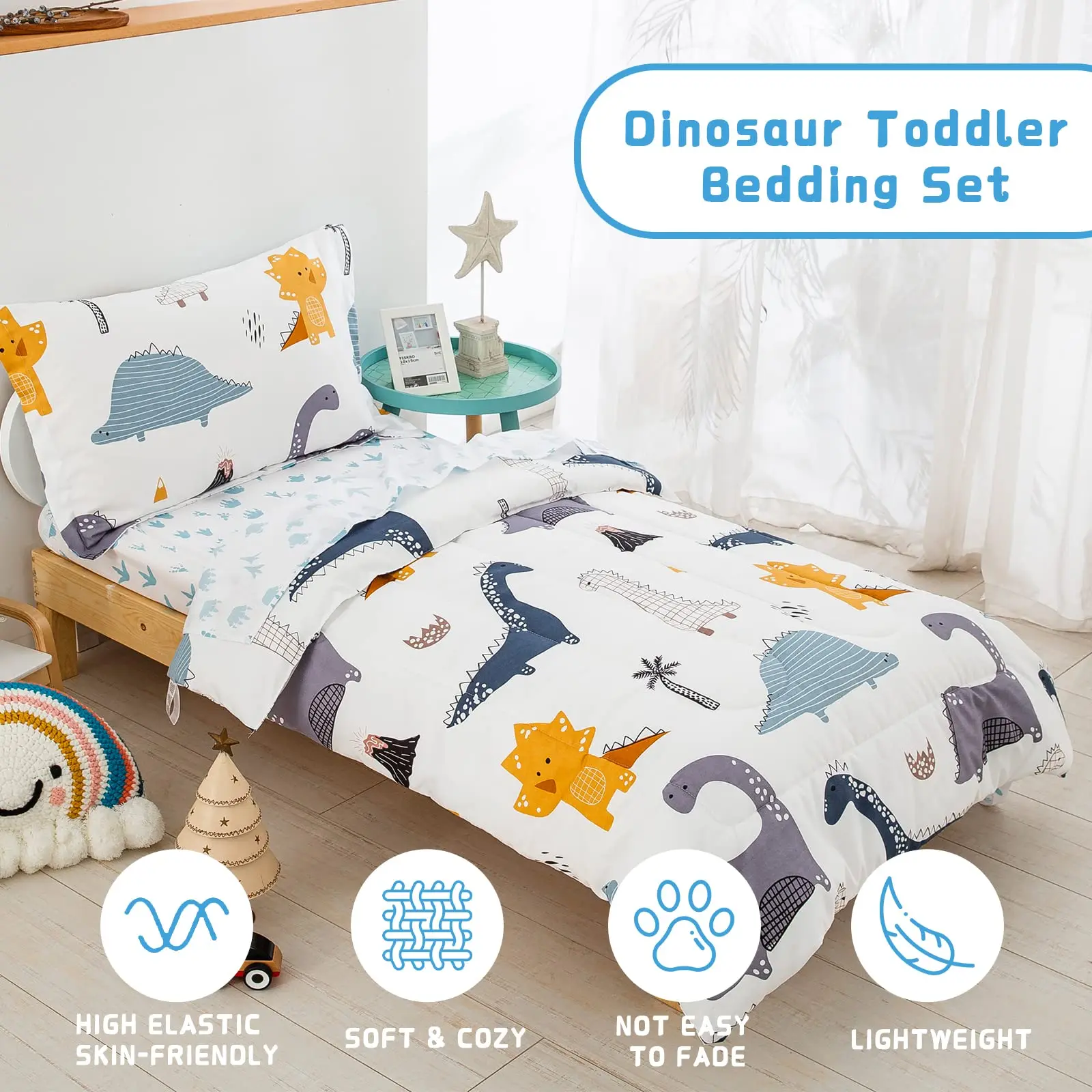 4 Pieces Dinosaur Toddler Bedding Set Ultra Soft Microfiber Comforter for Baby Girls Boys Includes Flat Sheet Pillowcase
4 Pieces Dinosaur Toddler Bedding Set Ultra Soft Microfiber Comforter for Baby Girls Boys Includes Flat Sheet Pillowcase