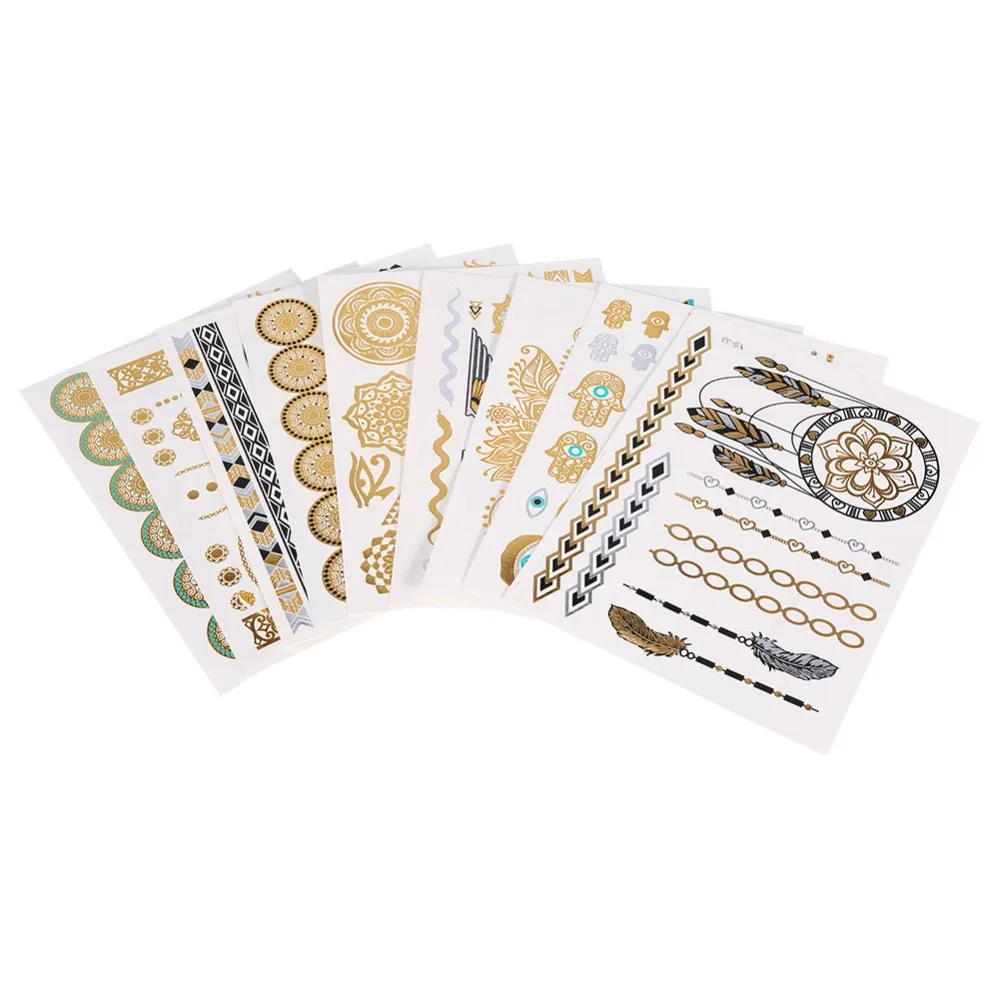 New 9Pcs Sheet Tattoo Makeup Sticker Temporary Tattoo Disposable Golden Silver Flash Tattoo Accessories Tattoo Sticker Supplies
New 9Pcs Sheet Tattoo Makeup Sticker Temporary Tattoo Disposable Golden Silver Flash Tattoo Accessories Tattoo Sticker Supplies