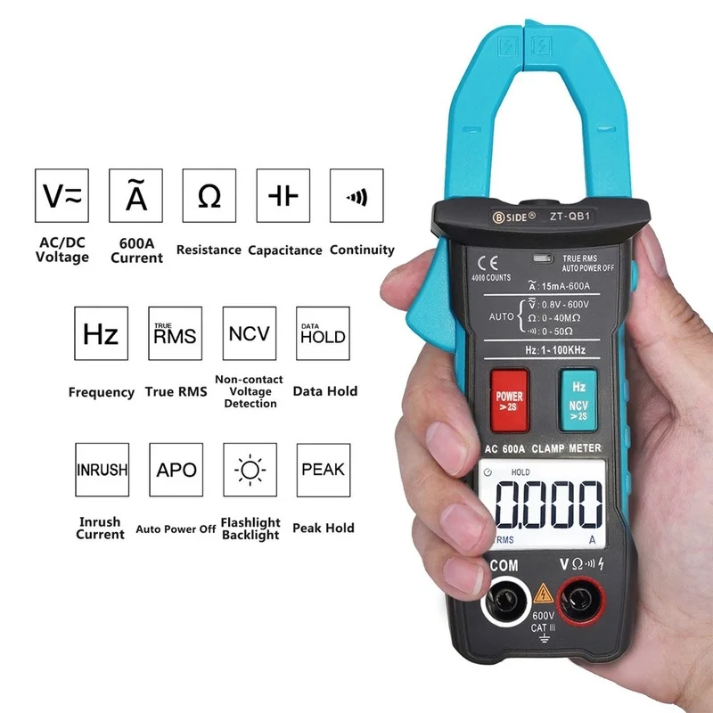 BSIDE ZT-QB1 Plier Ammeter AC DC Voltage Resistance NCV Hz Tester Digital Clamp Meter Multimeter 600A Current True RMS Smart
BSIDE ZT-QB1 Plier Ammeter AC DC Voltage Resistance NCV Hz Tester Digital Clamp Meter Multimeter 600A Current True RMS Smart