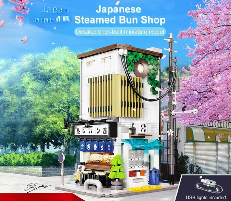 

Japanese City Street View Steamed Bun Shop Light House Model 1108PCS Modular Building Blocks Brick Architecture Toy Kids Gift