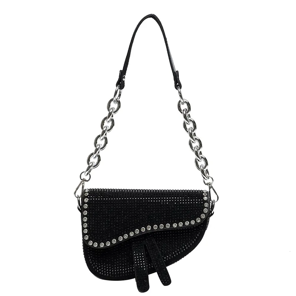 

Real Pictures Women Brand New 2023 Black Gothic Rivets Rhinetones Saddle Shoulder Bag Messenger Crossbody Purse Underarm Bag