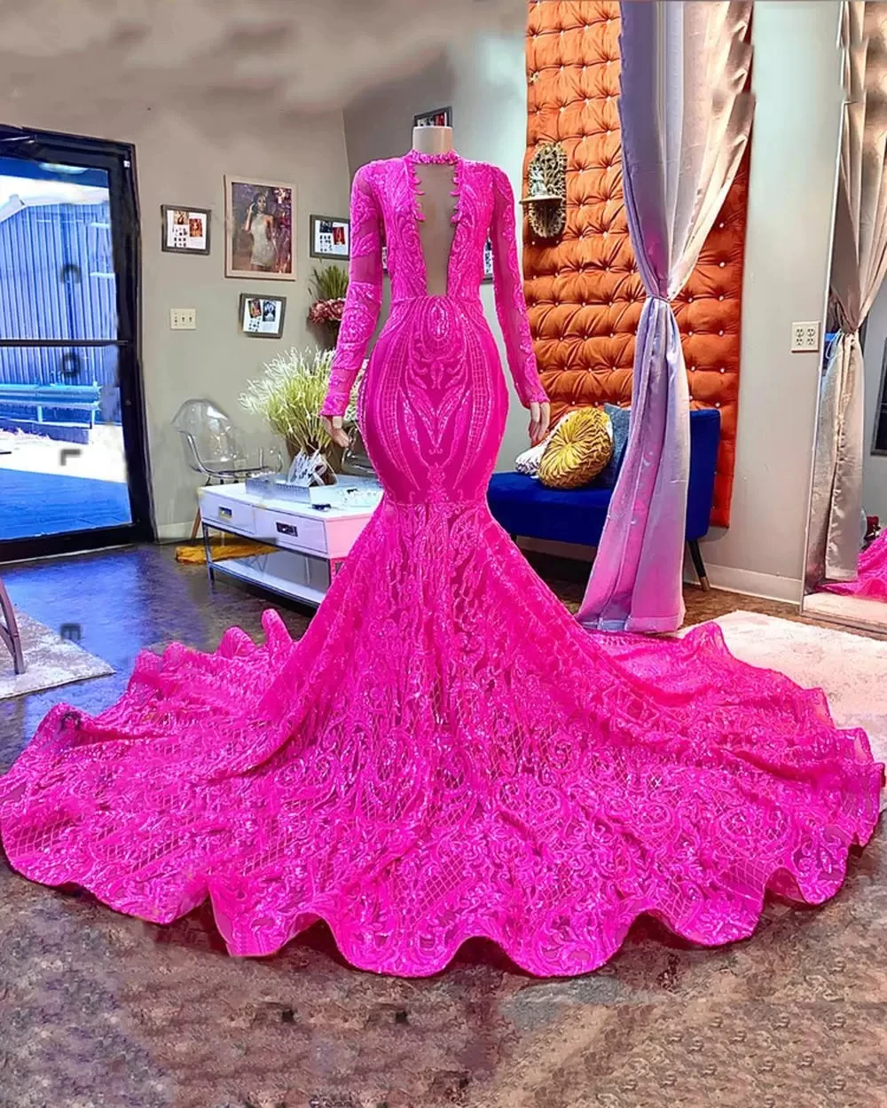 Fuchsia Mermaid Long Prom Dresses Rosa Red African Black Girls Full Sleeves Sparkly Sequin Lace Luxury Party Evening Dress
Fuchsia Mermaid Long Prom Dresses Rosa Red African Black Girls Full Sleeves Sparkly Sequin Lace Luxury Party Evening Dress