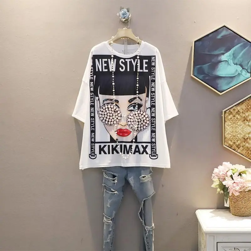 QNPQYX 100% Cotton T Shirt Women's Trend fashion beading T-Shirt Korean Cartoon short sleeve tops Girl's Oversized Tshirt summer
QNPQYX 100% Cotton T Shirt Women's Trend fashion beading T-Shirt Korean Cartoon short sleeve tops Girl's Oversized Tshirt summer