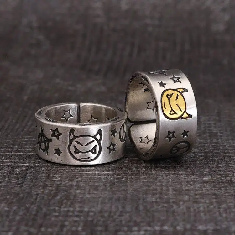 Japanese and Korean original design devil expression spoof Gufa silver open ring custom Bohemian hip hop accessories
Japanese and Korean original design devil expression spoof Gufa silver open ring custom Bohemian hip hop accessories