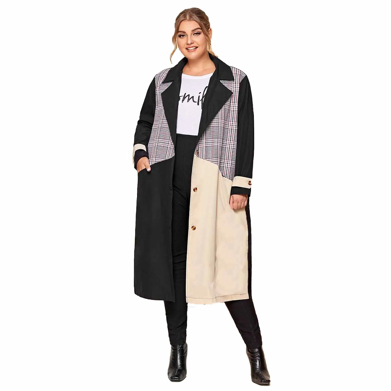 

Women'S Plus Size Check Stitching Contrast Fashion Sense Mid-Length Trench Coat Women'S Winter Jacket Plus Size Outwears Tops