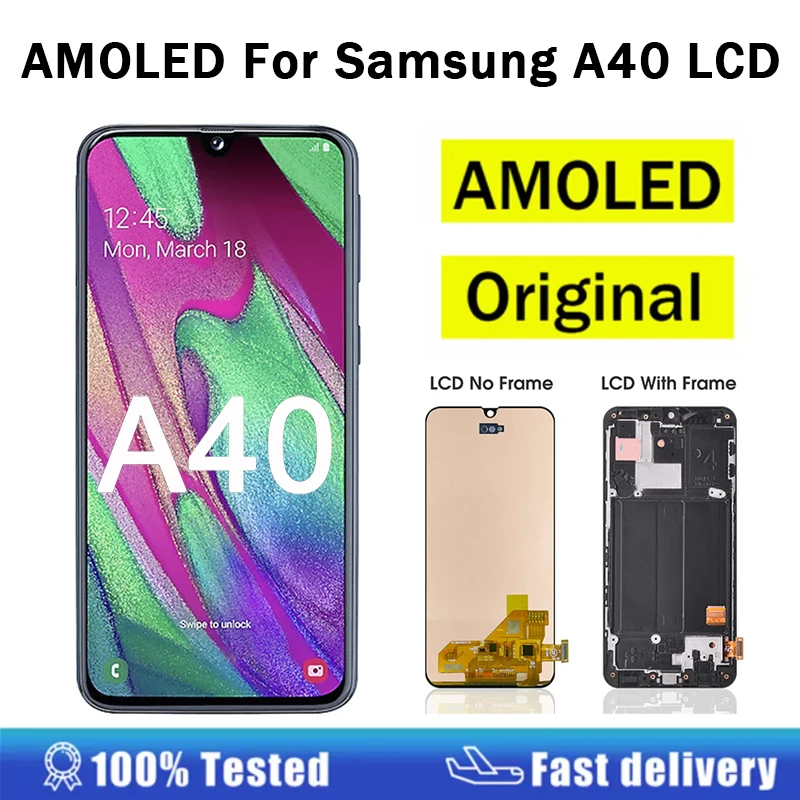 Оригинальный ЖК-дисплей 100% AMOLED для Samsung A40, сенсорный экран, дигитайзер в сборе с рамкой для A40, ЖК-дисплей, запасные части для ремонта 
Оригинальный ЖК-дисплей 100% AMOLED для Samsung A40, сенсорный экран, дигитайзер в сборе с рамкой для A40, ЖК-дисплей, запасные части для ремонта