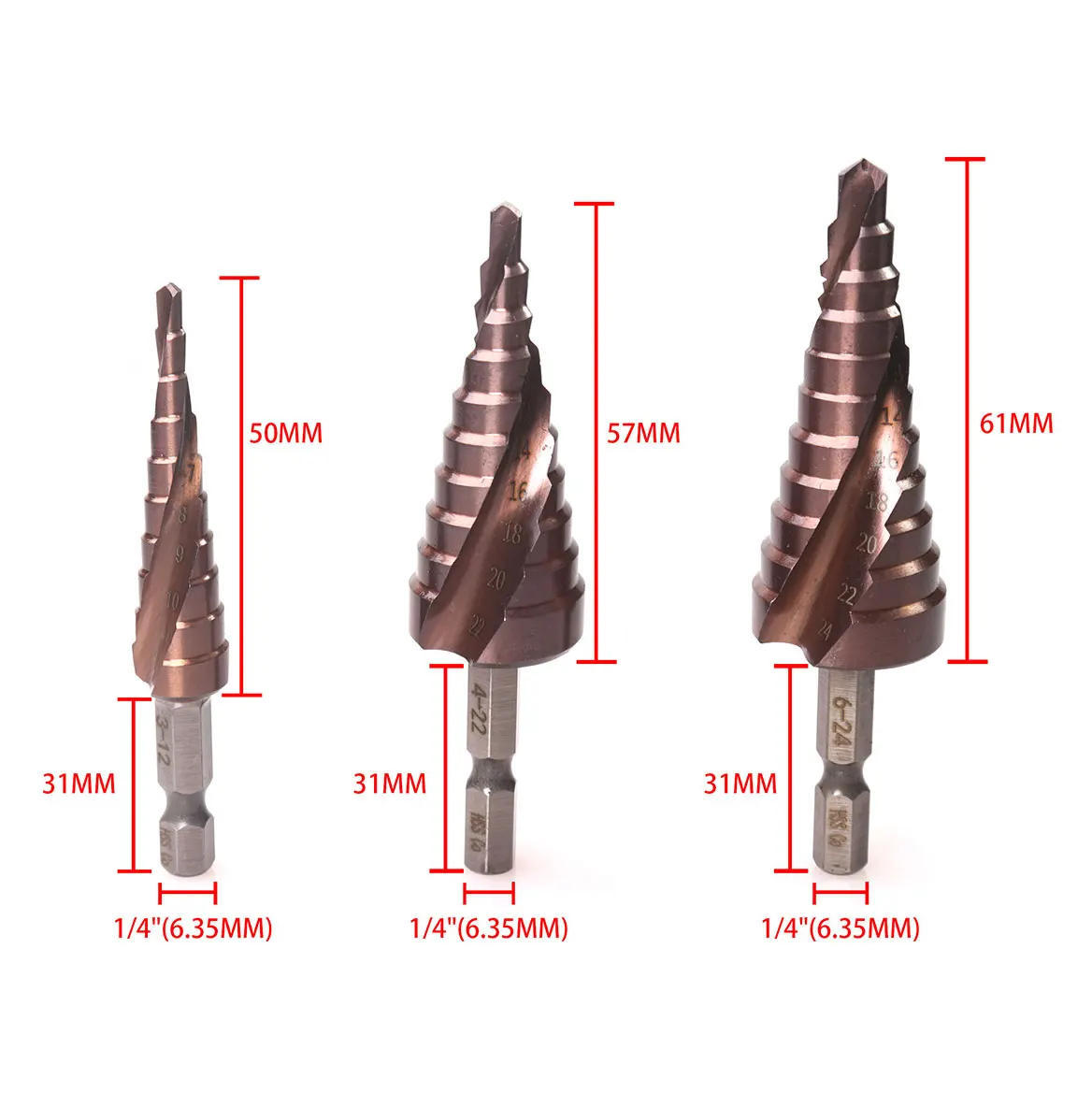 3pcs/set HSS CO Cobalt M35 Spiral Flute Step Drill Bit 1/4" Hex Shank 3-12mm 4-22mm 6-24mm Step Diameter
3pcs/set HSS CO Cobalt M35 Spiral Flute Step Drill Bit 1/4" Hex Shank 3-12mm 4-22mm 6-24mm Step Diameter