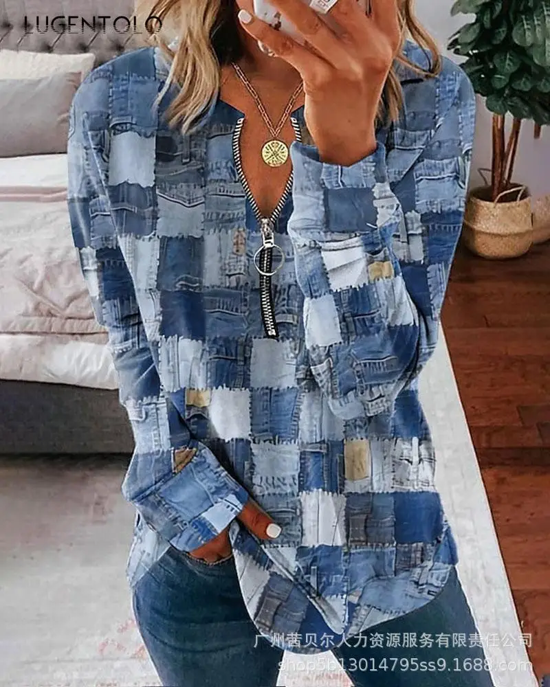 Casual Zipper T-shirt Women Faux Denim Print Top Long Sleeve Spring Autumn Loose Tshirt Female Pullover Tee
Casual Zipper T-shirt Women Faux Denim Print Top Long Sleeve Spring Autumn Loose Tshirt Female Pullover Tee