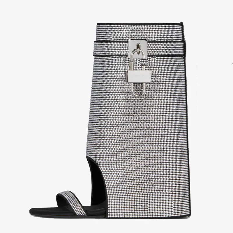 

Rhinestone Lock Wedge Sandals Square Peep Toe One Word High Heels Super Plus Size Slip-On Boots Women Shoes Sandalias Mujer