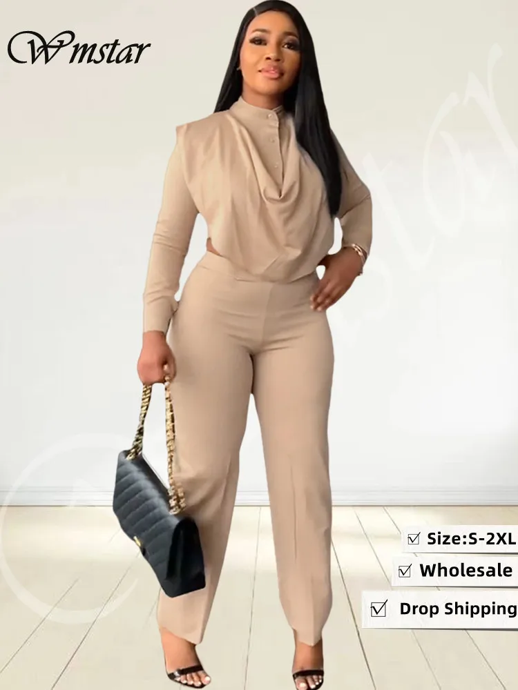 

Wmstar Two Piece Set Women Clothing Office Lady Solid Ruffles Hem Top Leggings Matching New Fall Clothes Wholesale Dropshipping