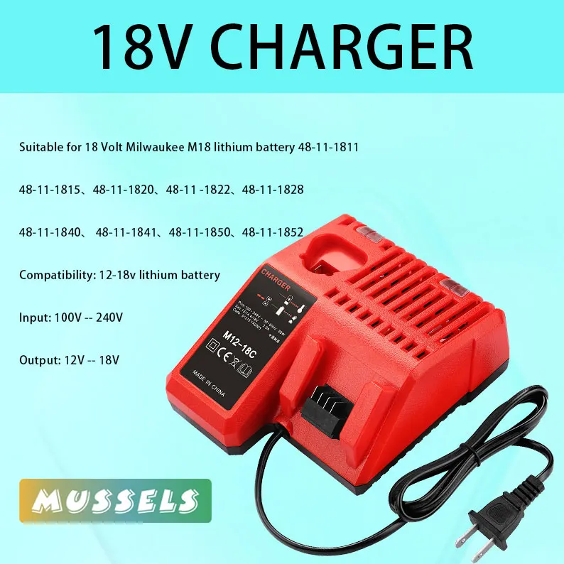 Многонапряжение M18 литиевое зарядное устройство совместимо с Milwaukee 14,4 V-18V XC 48-11-1850 48-11-1852 48-11-1862 48-11-1880 48-11-
Многонапряжение M18 литиевое зарядное устройство совместимо с Milwaukee 14,4 V-18V XC 48-11-1850 48-11-1852 48-11-1862 48-11-1880 48-11-