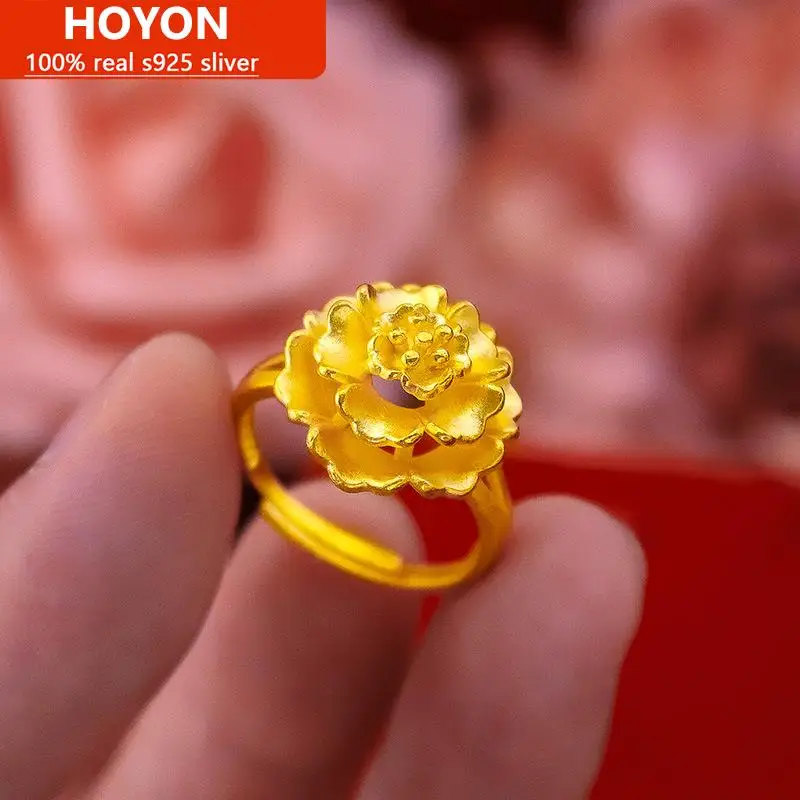 

HOYON Women's Ring 18K Gold Color Anillos Vintage Flower Sand Gold Jewelry 999 Yellow Gold Wedding Bands for Bridal Girlfriend